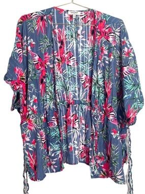 Haute Hippie Clair blue floral kimono cardigan wrap top cotton blend tie waist